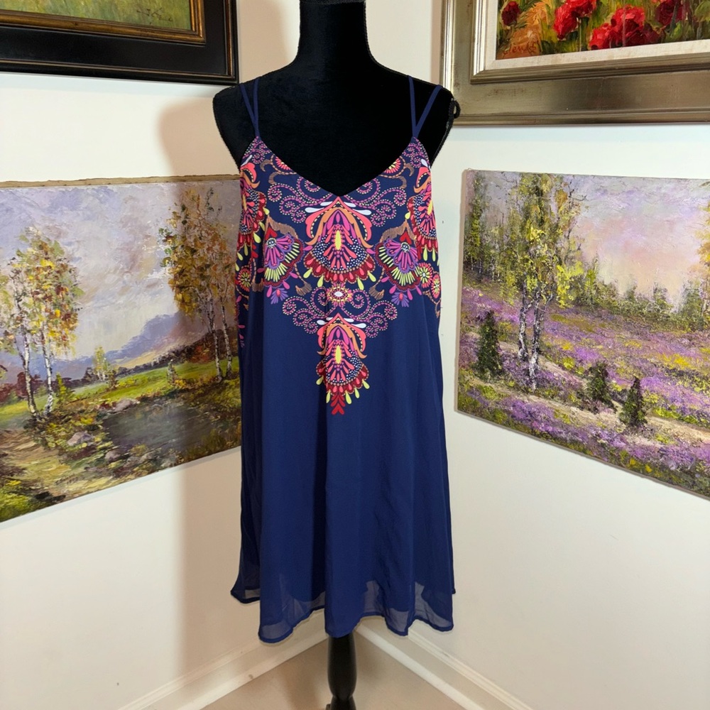 Sequin Hearts Navy Blue Slip Dress with Pink & Lime Embroidery
